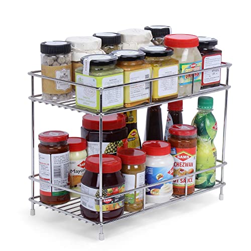 Cr18 Collection Big Size Stainless Steel 2 Layer Countertop Spice Rack | Modular Storage Organizer | Multipurpose Shelf, Silver,
