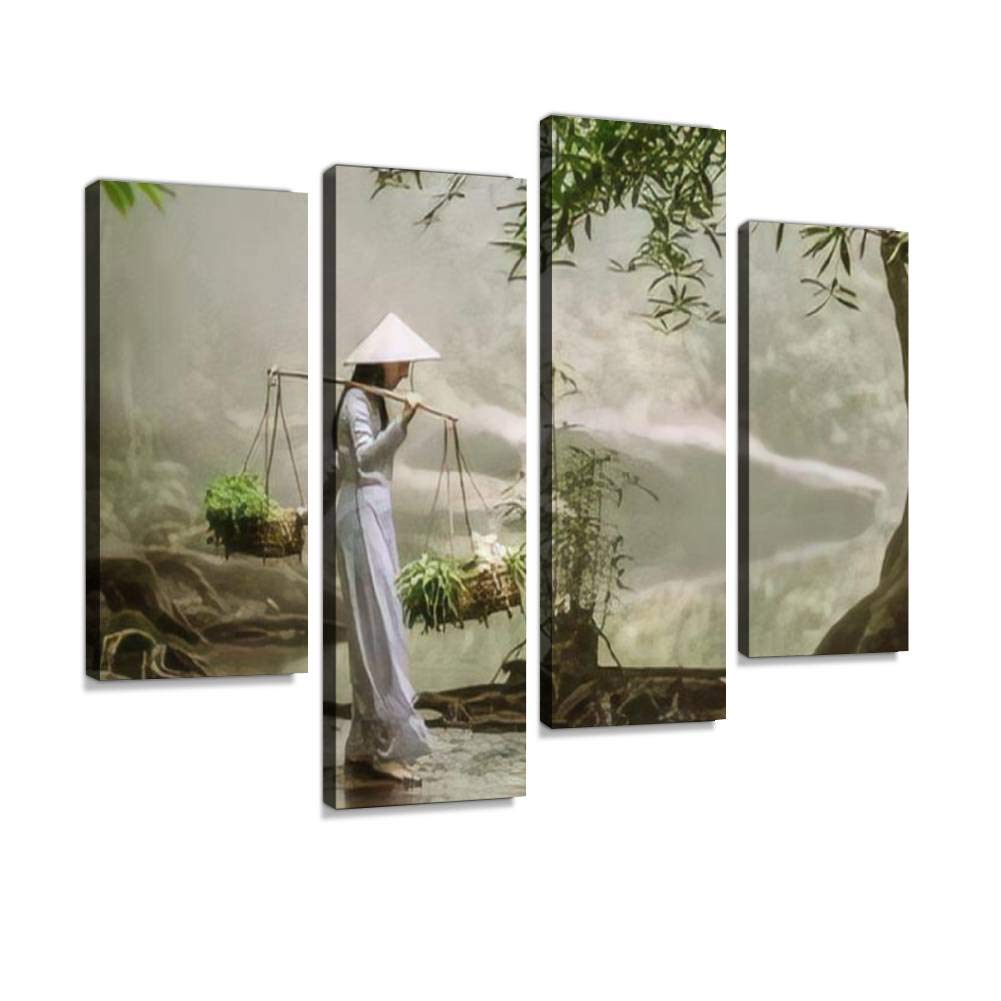 Igoone 4 Panels Canvas Paintings - The Vietnamese Girl In The Traditional Dress Is Carrying A Basket With - Wall Art Modern Post