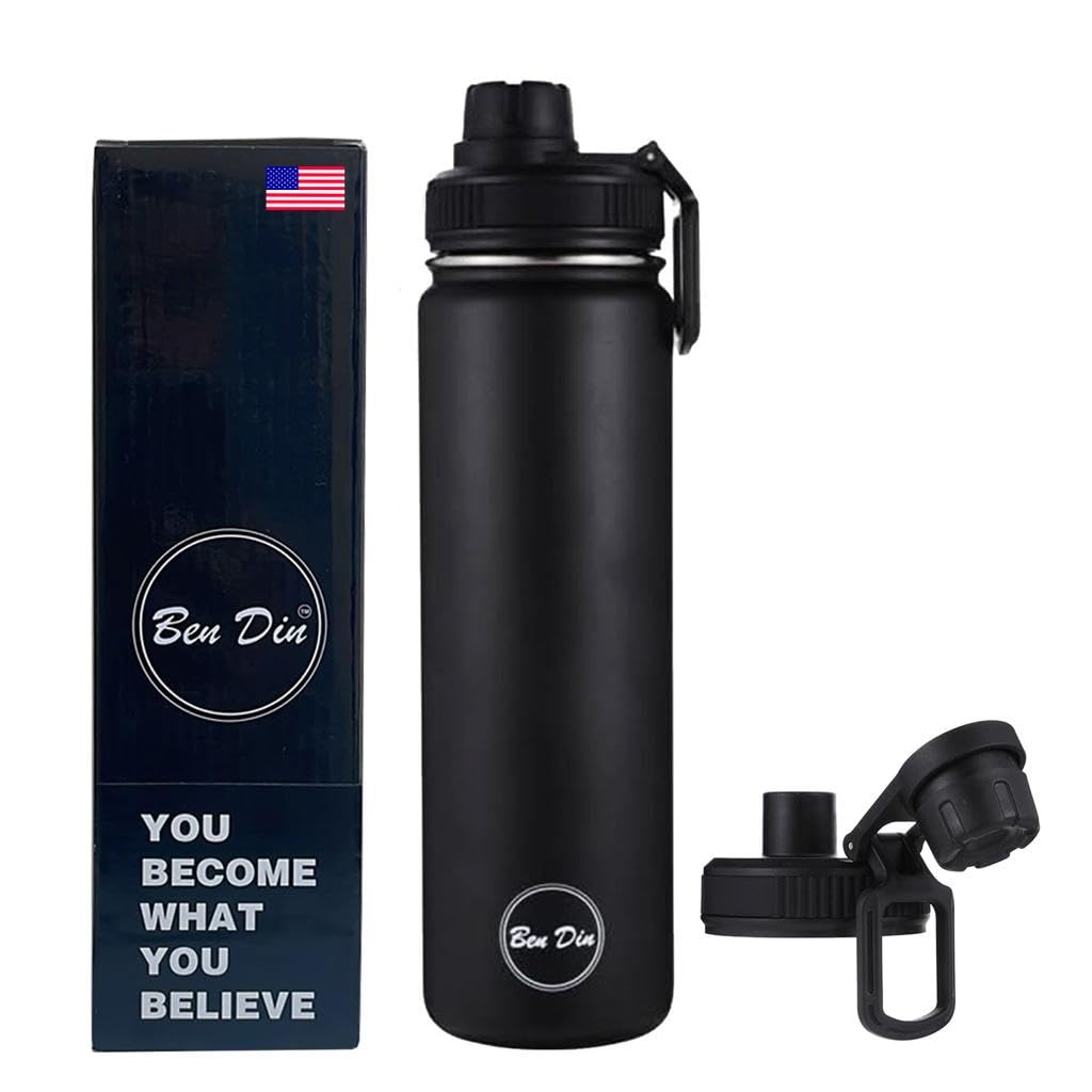 Ben Din Insulated Stainless Steel Water Bottle - 22 Oz Spout Lid - Leak Proof, Sports, Bike & Gym Bottles For Men And Women - Re