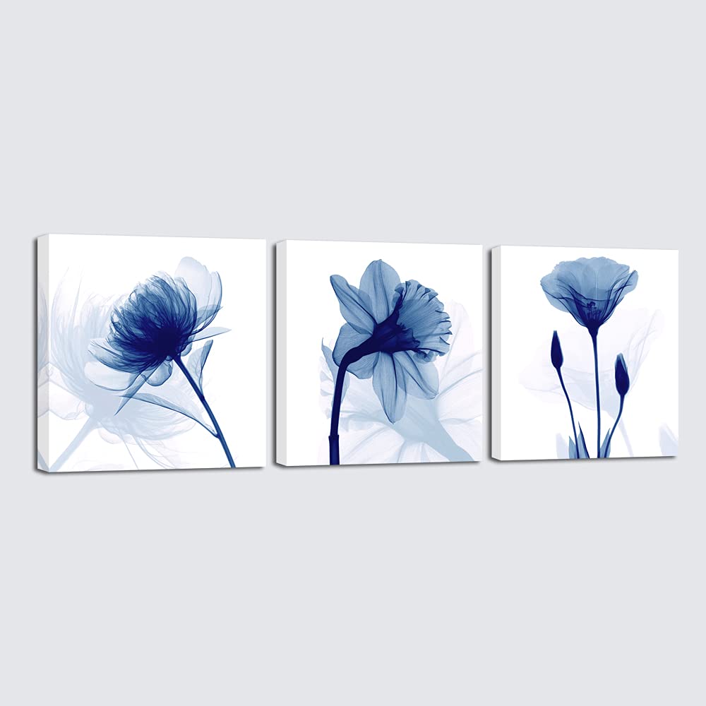 Wieco Art Blue Abstract Flowers 3 Panels Giclee Canvas Prints Wall Art Modern Pictures Artwork For Living Room Bedroom And Home