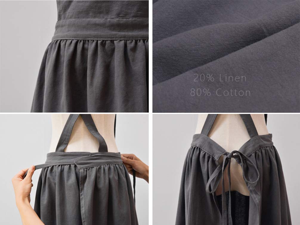 Losofar Women Girls Vintage Apron Gardening Works Cross Back Pinafore Dress (Grey(No Pocket), 33''X 29'')