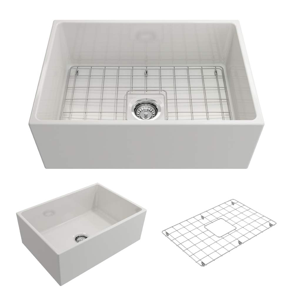 Bocchi Contempo Farmhouse Apron Front Fireclay 27 In. Single Bowl Kitchen Sink With Protective Bottom Grid And Strainer In White
