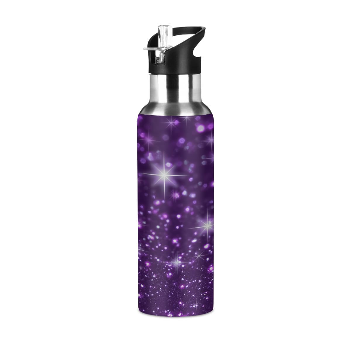 DJYQBFA 20 oz Insulated Water Bottle with Straw Lid Stainless Steel Leakproof Travel Thermos Bottles Reusable Stars Purple Glitt
