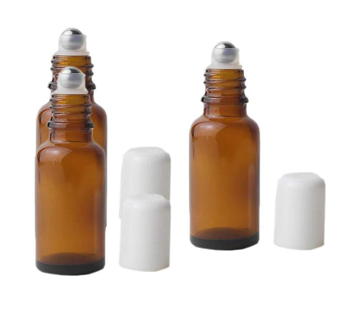 3Pcs 20Ml Empty Refillabl Amber Glass Roller Bottle With Stainless Steel Balls And White Screw Cover For Essential Oil Lip Balms