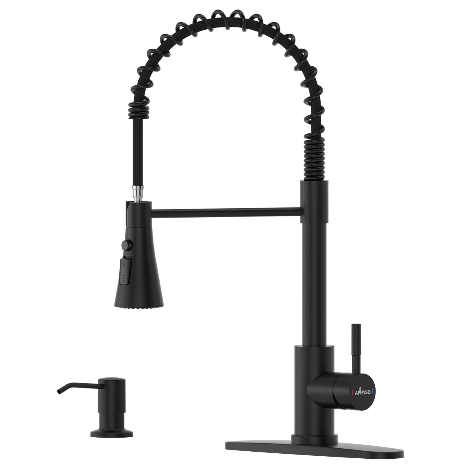 APPASO Black Kitchen Faucet with Soap Dispenser  18'' Commercial High Arc Tall Modern Single Handle Spring Kitchen Sink Faucet with Pull Down Sprayer