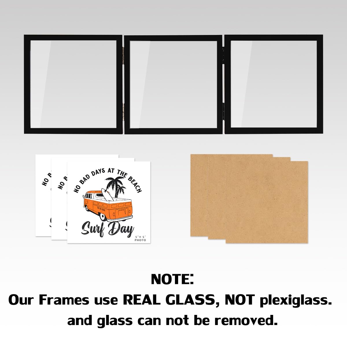 3 Picture Frame 5x5 Black Triple Hinged MDF Wood with Glass Front Three Opening Photo Frame Stand Vertical on Tabletop