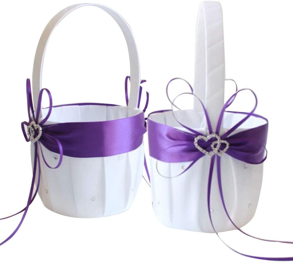 2PCS Wedding Flower Girl Baskets,White Satin Flower Storage Basket with Double Heart Rhinestone Craft for Engagement Ceremony Pa