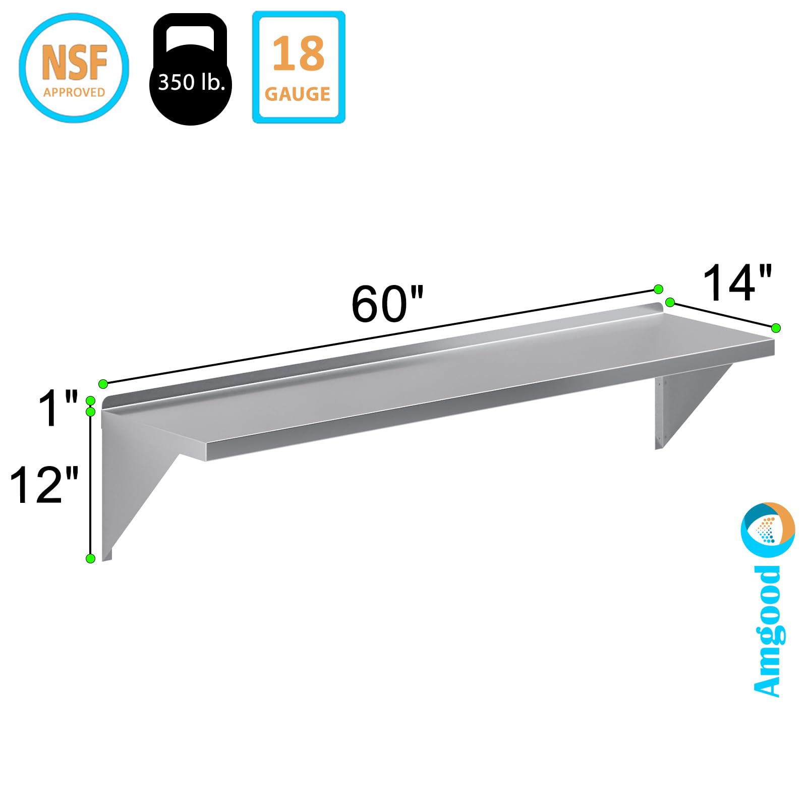 Amgood 14'' Width X 60'' Length | Stainless Steel Wall Shelf | Square Edge | Metal Shelving | Heavy Duty | Commercial Grade | Wa