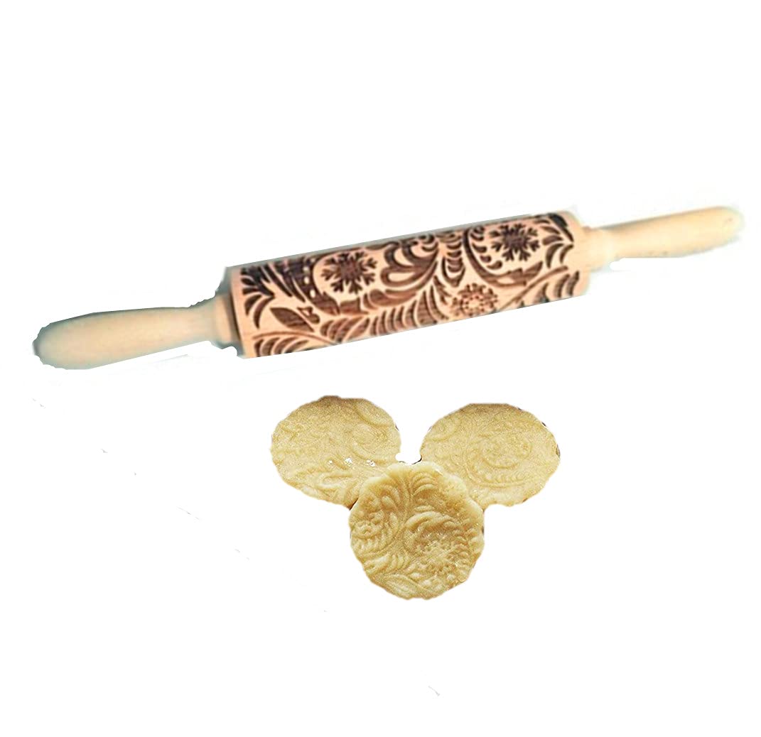 Mizorlie 14.9''Paisley Engraved Embossed Rolling Pin, Christmas Snowflake Flower Pattern, Wooden Laser Engraved 3D Rolling Pin F
