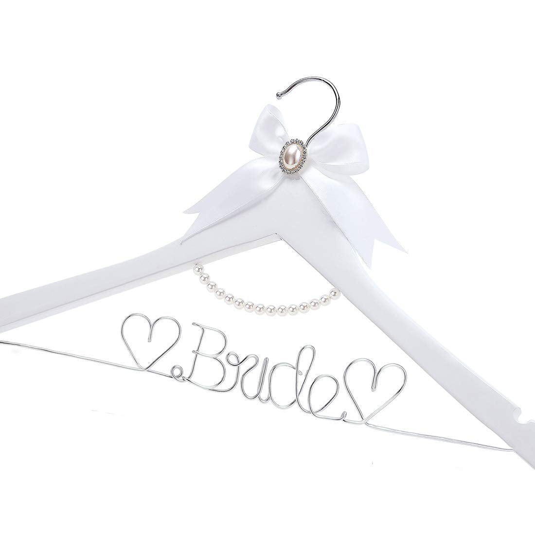 Huidian White Solid Wood Bridal Dress Hanger With Bridal Wire Lettering For Bridal Wedding Party Gift (White Hanger Silver Threa