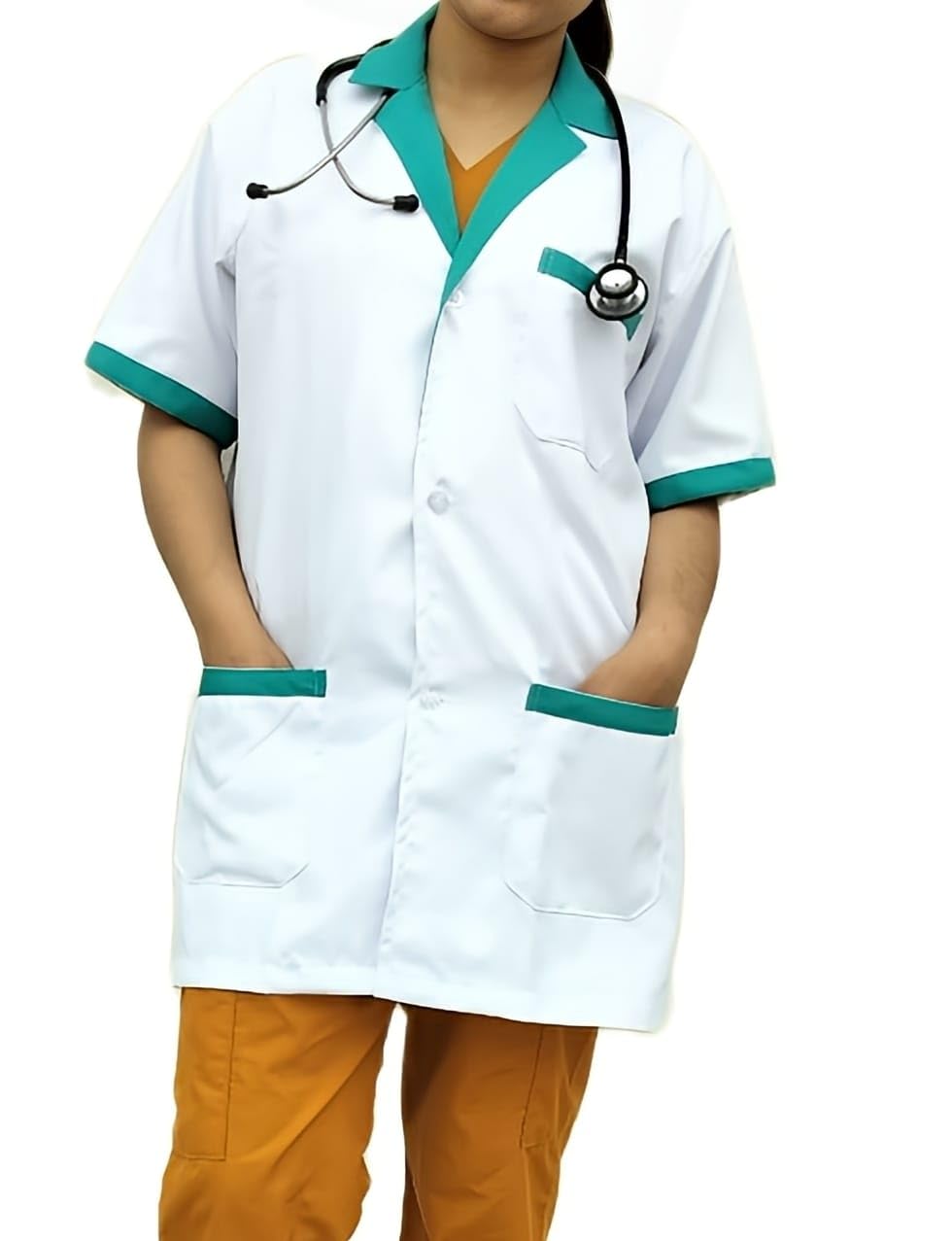 Hangerage White Apron | Style With Green Collar | Half Sleeves | Lab Coat Apron | Unisex | Comfortable | Professionals Use (S)