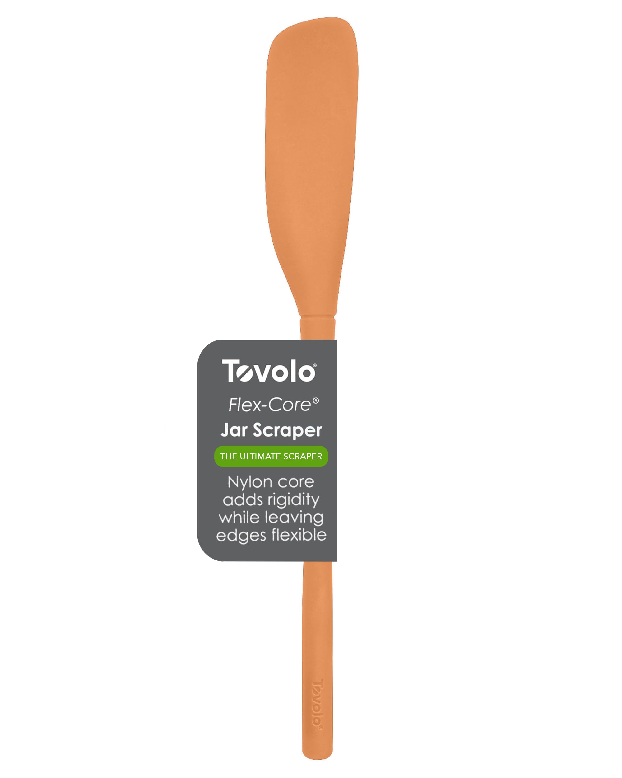Tovolo Flex-Core Silicone Spatula Jar Scraper, Apricot - Long-Handled Rubber Spatula with Angled Head for Scooping & Scraping - 