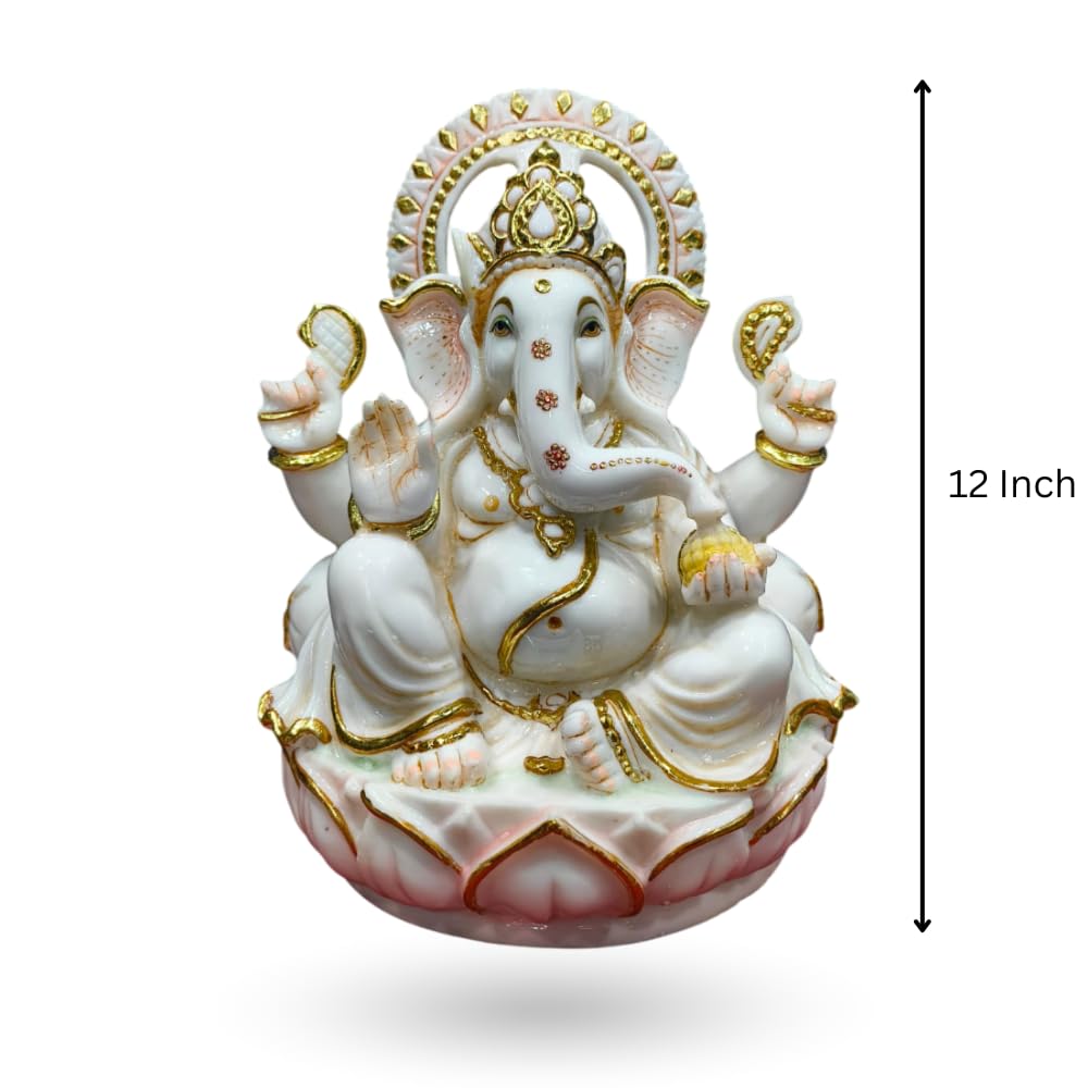 Om Fine Arts. Lord Ganesha Statue, White And Gold, 30.5 Cm Decorative Marble Finish Idol On Lotus Base, Ganesh Ji Marble Dust Mu