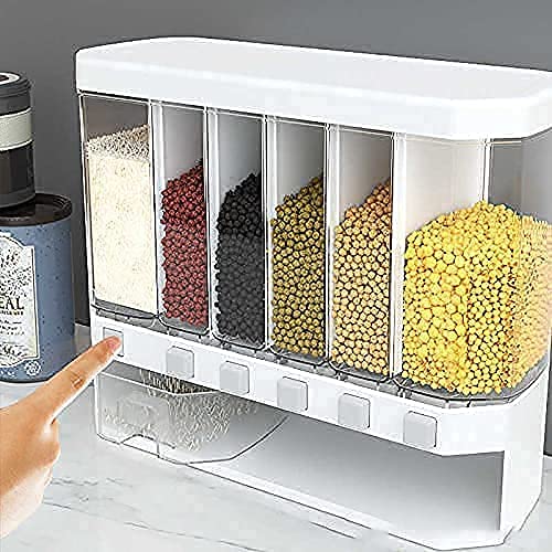 Leaffybezz Wall Mounted Cereal Food Dispenser For Kitchen, Plastic 6 Grid Dry Food Dispenser SpaceSaving Storage Containers For