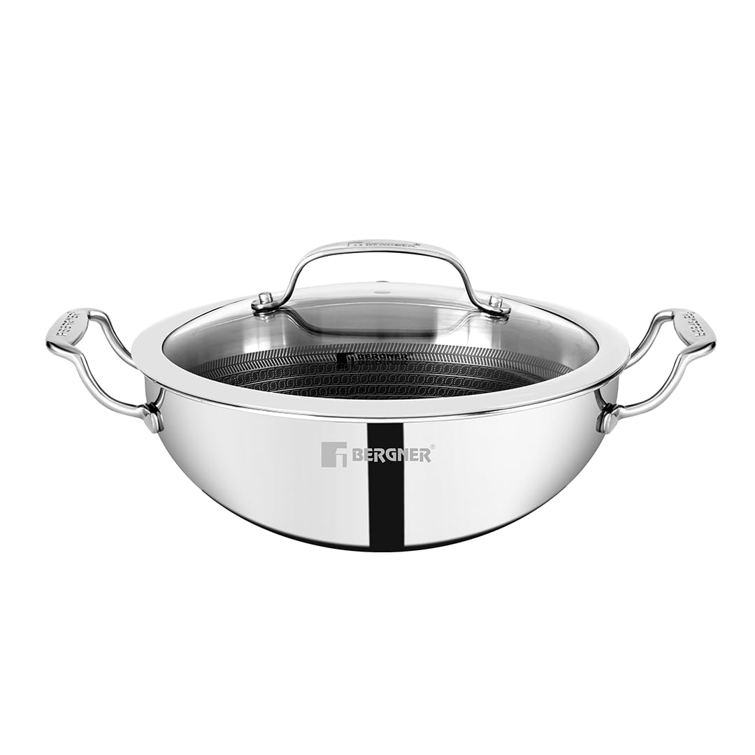 Bergner Hitech Triply Stainless Steel Kadai/India Wok with Steel and Glass Lid, Non Stick Prism Technology, 20 cm Induction Bott