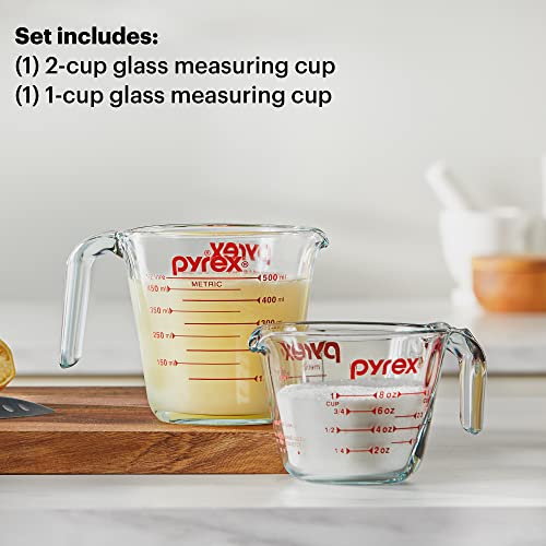 Pyrex 2 Piece Glass Measuring Cup Set, Includes 1-Cup, And 2-Cup Tempered Glass Liquid Measuring Cups, Dishwasher, Freezer, Micr