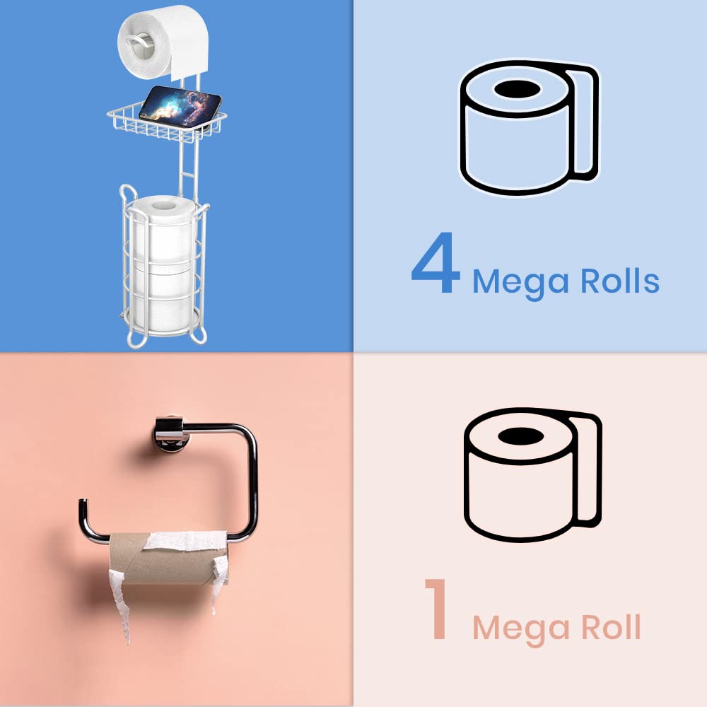 Toilet Paper Roll Holder Stand Bathroom Tissue Holders Free Standing with Middle Shelf Storage Reserve Mega Rolls/Phone/Wipe-Gray