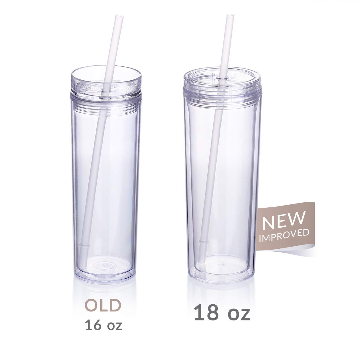 Cupture Skinny Acrylic Tumbler Cups With Straws - 18 Oz, 8 Pack (Clear)