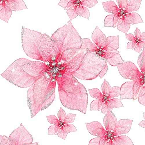 WILLBOND 36 Pcs 3 Size Christmas Poinsettia Christmas Tree Flowers Glitter Faux Flowers Decoration Artificial Poinsettia Ornamen