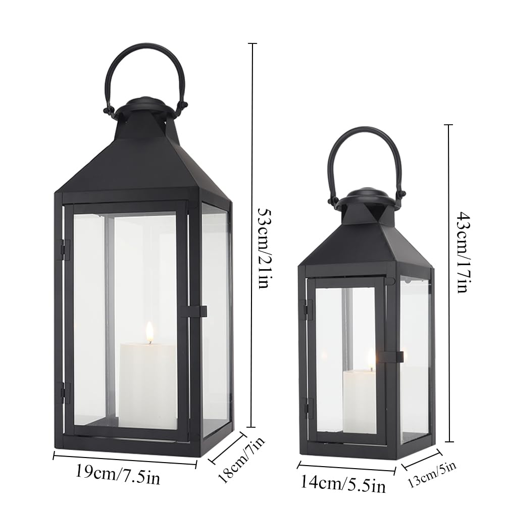 JHY DESIGN Set of 2 Black Decorative Lanterns 17.5inch&13.5inch Metal Candle Lanterns for Indoor Outdoor Events Paritie and Wedd