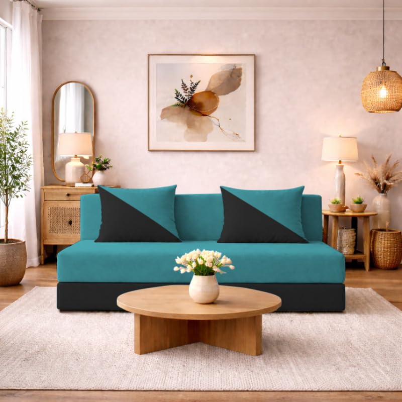 Adorn India Easy Desmond 3 Seater Sofa Cum Bed 5 X 6 (Aqua Blue & Black) (1 Year Warranty)
