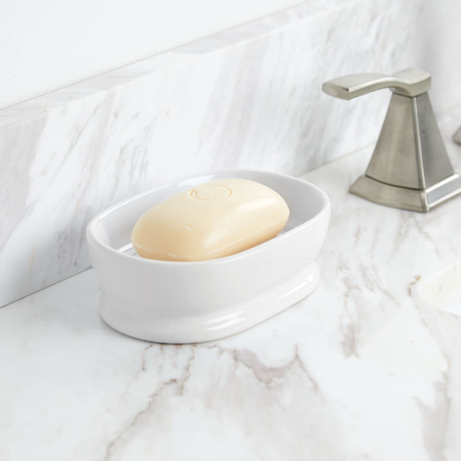 mDesign Ceramic Bar Soap Dish Tray, White - For Bathroom & Kitchen, Pack of 1, Model 06901MDBA