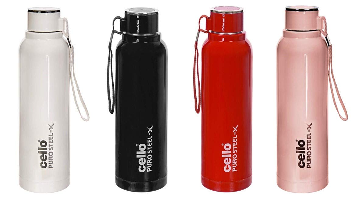 Cello Puro SteelX Benz 900 PU Insulated Water Bottle Set of 4, 650 ml Each, Assorted | BPA Free, Leakproof, ISI Certified |Hot 