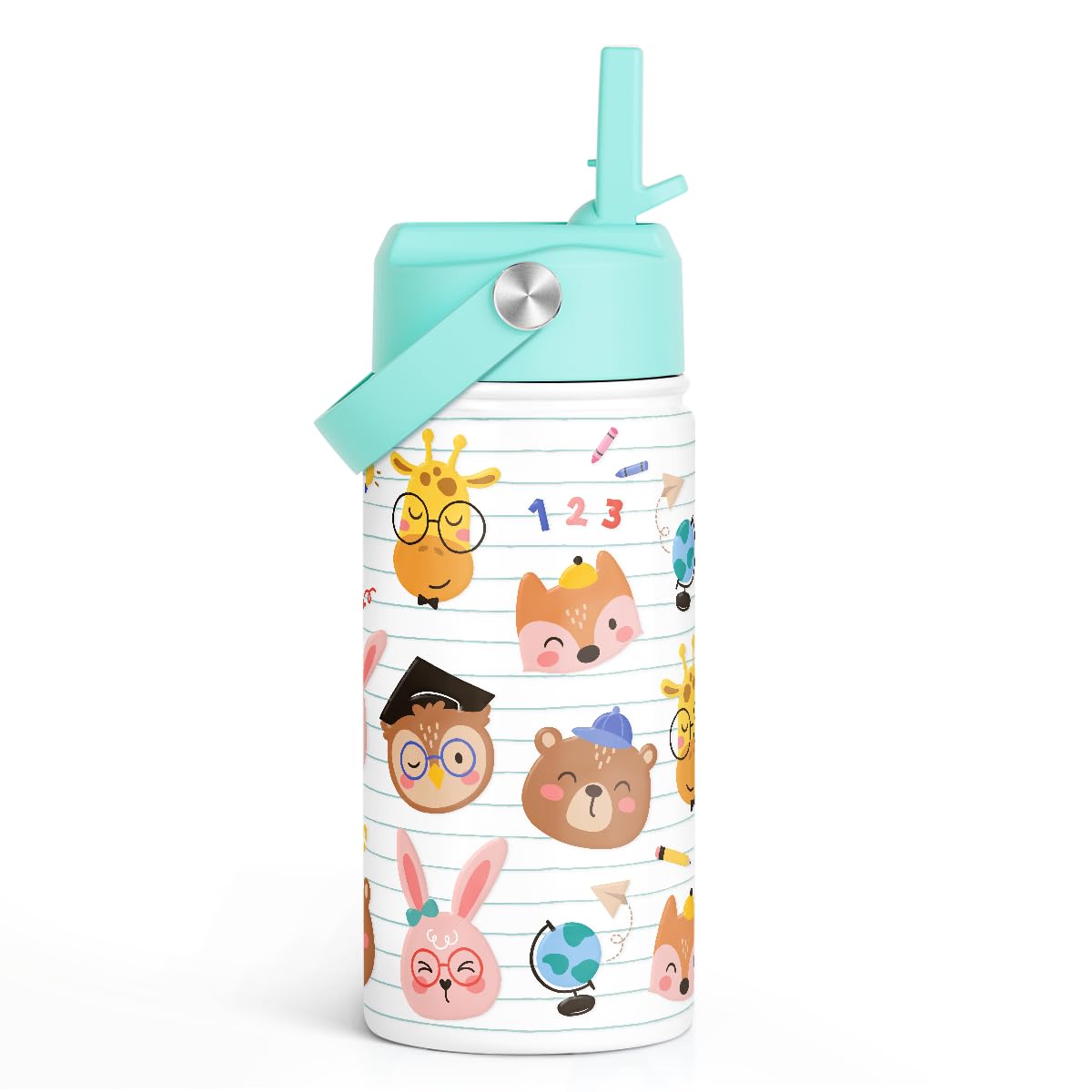 SANDJEST Animal Kids Water Bottle with Straw Lid 12oz Insulated Stainless Steel, Travel Tumbler, Gifts for Girls, Birthday, Chri