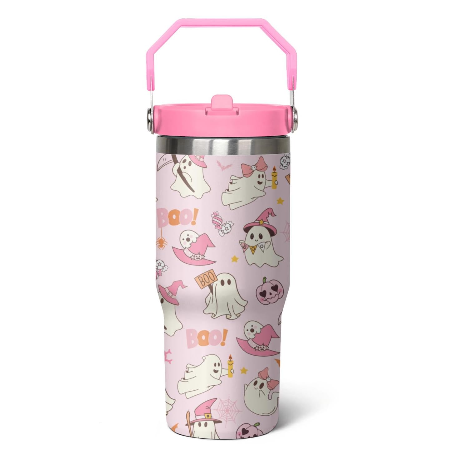 qwpmvhsak 30 oz Halloween Pink Boo Flip Tumbler Insulated Stainless Tumbler,Halloween Goth Ghost Travel Coffee Cup Water Botter,