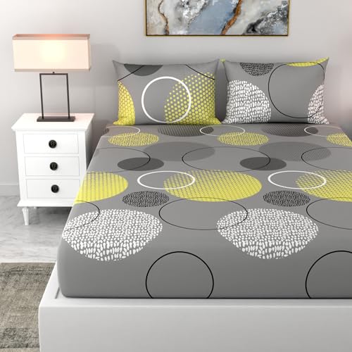 Loreto  A Quality Linen Brand 100% Cotton King Size Bedsheet With 2 Pillow Covers  Grey & Lemon Yellow, Soft & Breathable 144 