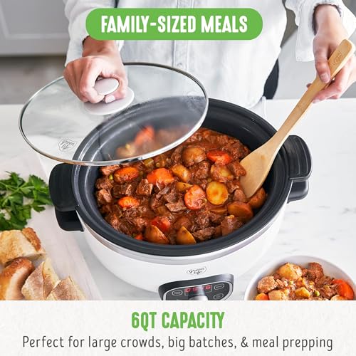 GreenLife 6QT Slow Cooker, PFAS-Free Ceramic Nonstick, Programmable, White, Model CC004774-001, Dishwasher Safe, Keep Warm Feature