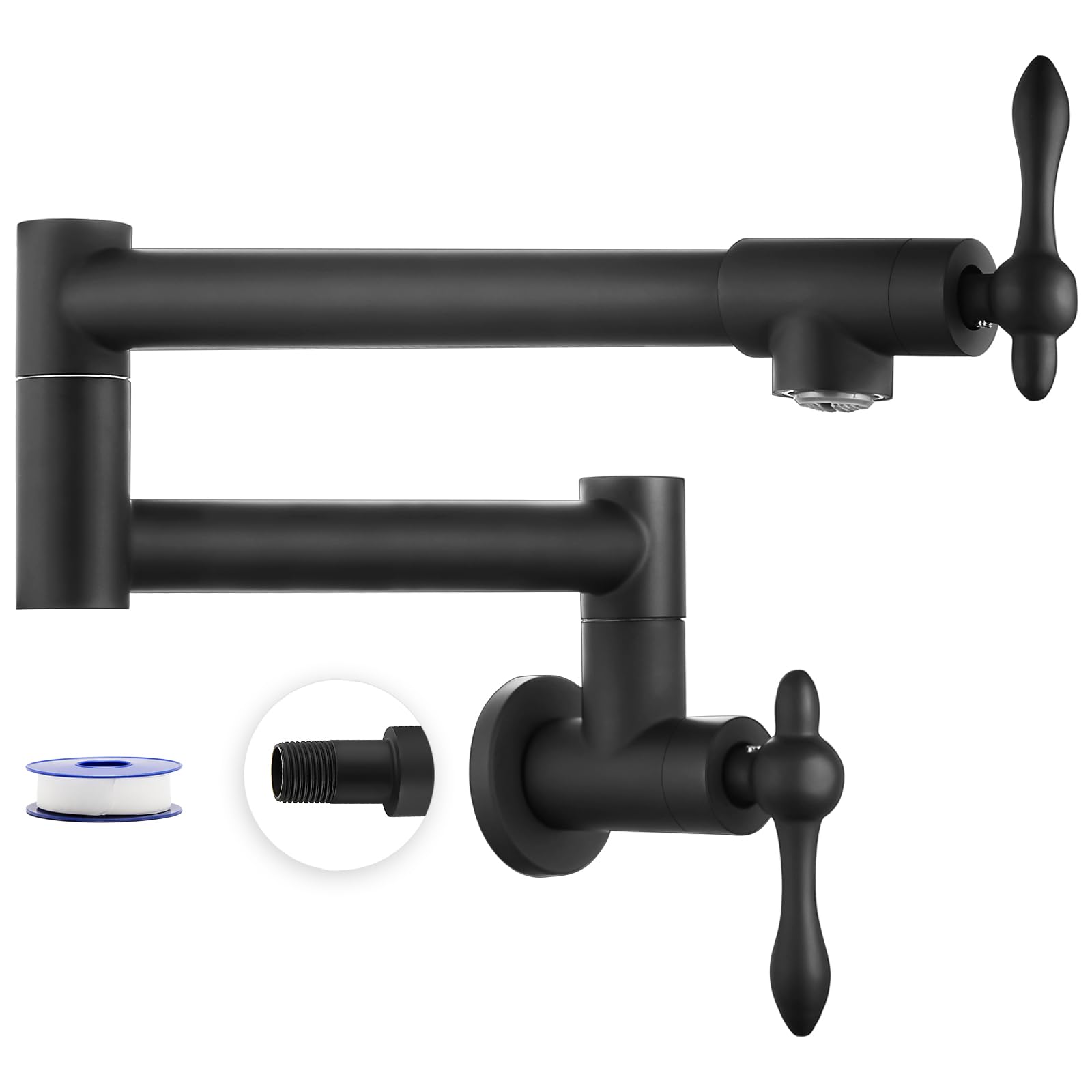 Heyalan Stainless Steel SUS304 Matte Black 19'' Pot Filler Faucet Double Joint Spout Stretchable Swing Arm with Single Hole Two Handles Wall Mounted Commercial Kitchen Faucet