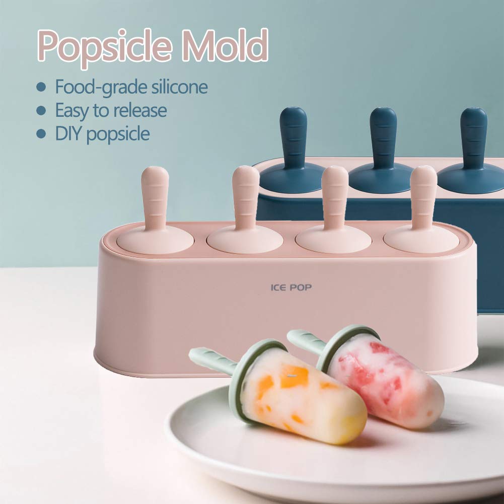 Popsicle Mold Set 4 Pieces Homemade Silicone Popsicle Maker Kid Easy Release Ice Cream Molds Reusable Diy Pop Molds (Blue)