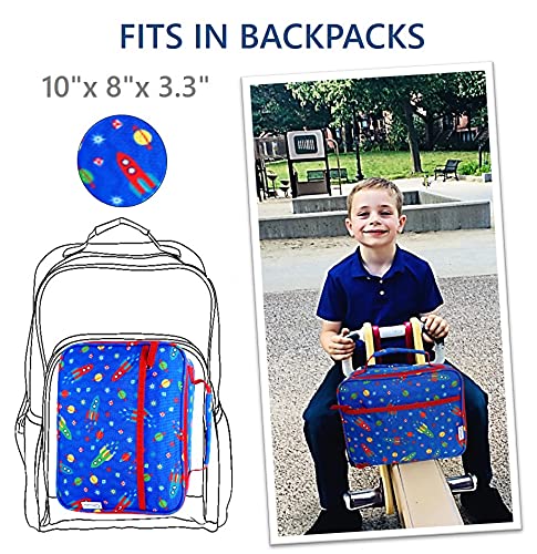 kinsho Lunch Box with Water Bottle and Ice Pack Set  Kids Lunch-Bag Set for Toddler Daycare or School  Boys Container for Lunches  Blue Space Rocket