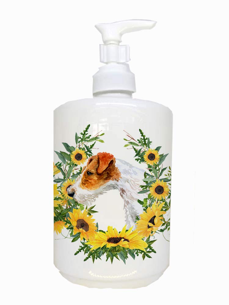 Caroline'S Treasures Ck2842Soap Fox Terrier In Sunflowers Ceramic Soap Dispenser Hand Soap Dispenser Pump Bottles For Bathroom K
