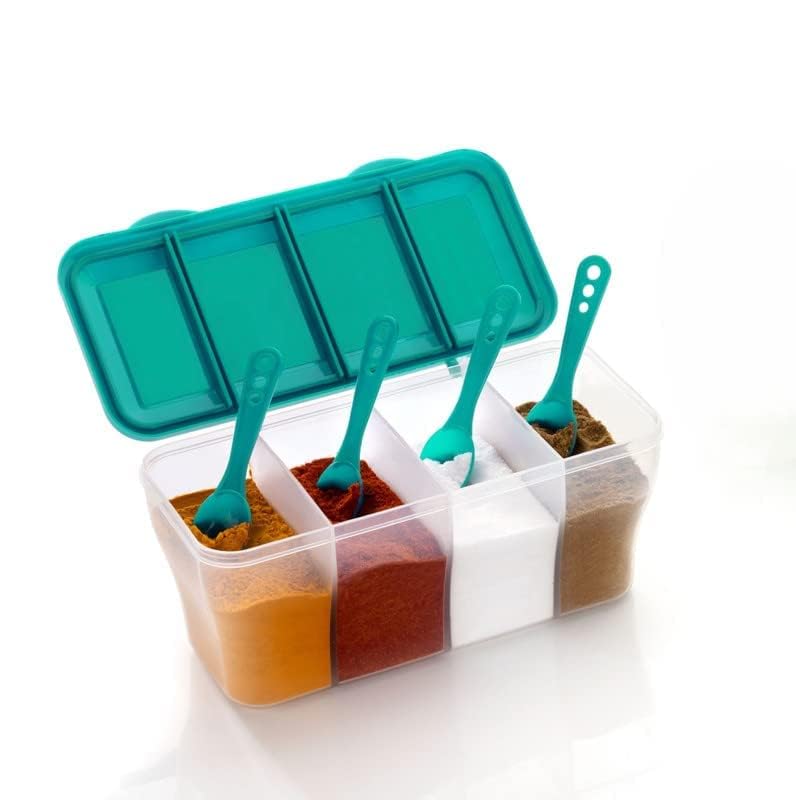 Kitnet Multipurpose Plastic 4 In 1 Masala Box For Kitchen, Transparent Pickel Box, 4 Compartment Storage Container Airtight For 