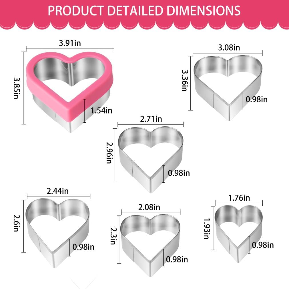 BYkooc Heart Cookie Cutter Set - 12 Stainless Steel Metal Cutters for Valentine’s Day, Fondant, Pastries, Cakes - Silver