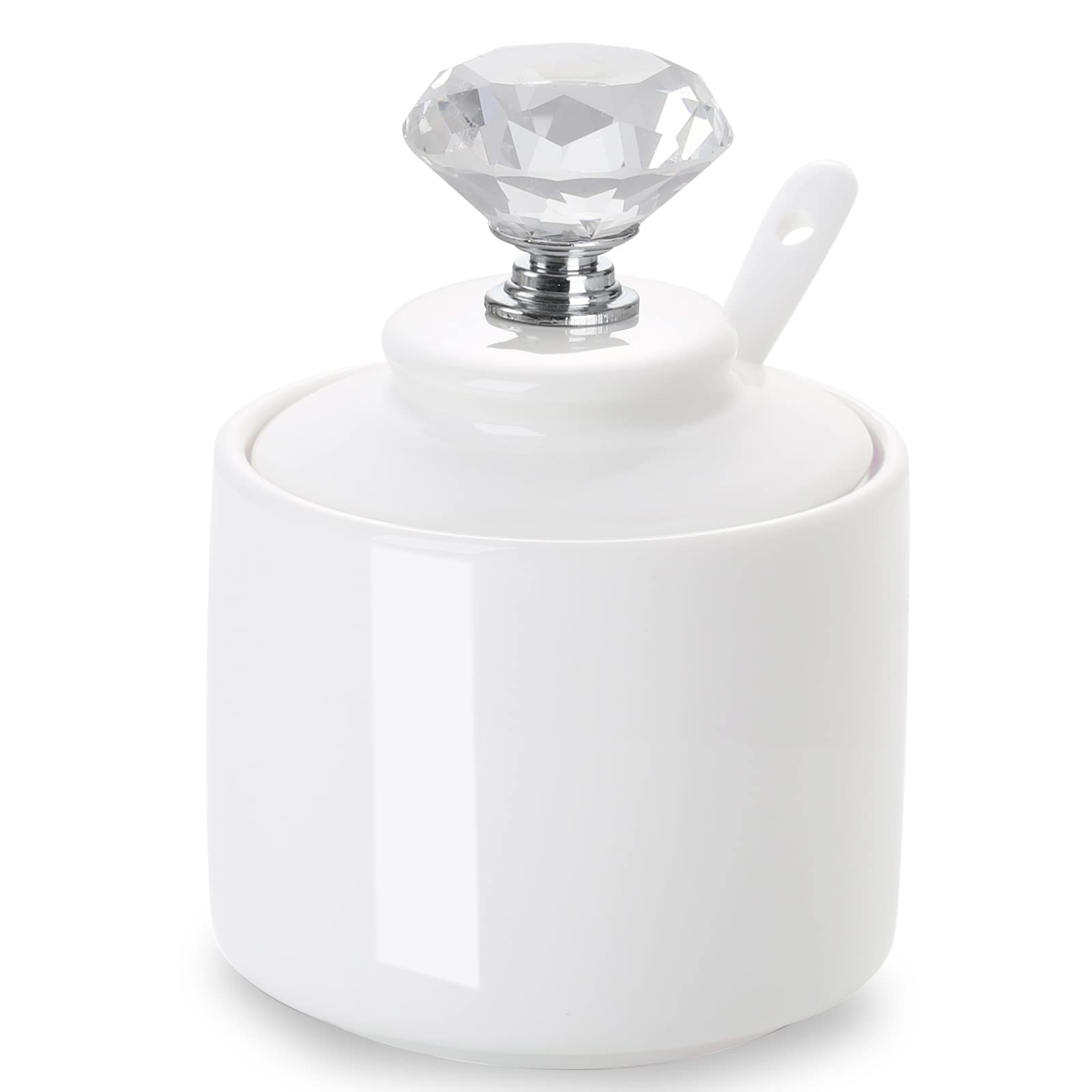 Ontube Porcelain Sugar Bowl With Crystal Lid And Spoon 8Oz, White (Crystal Silver)