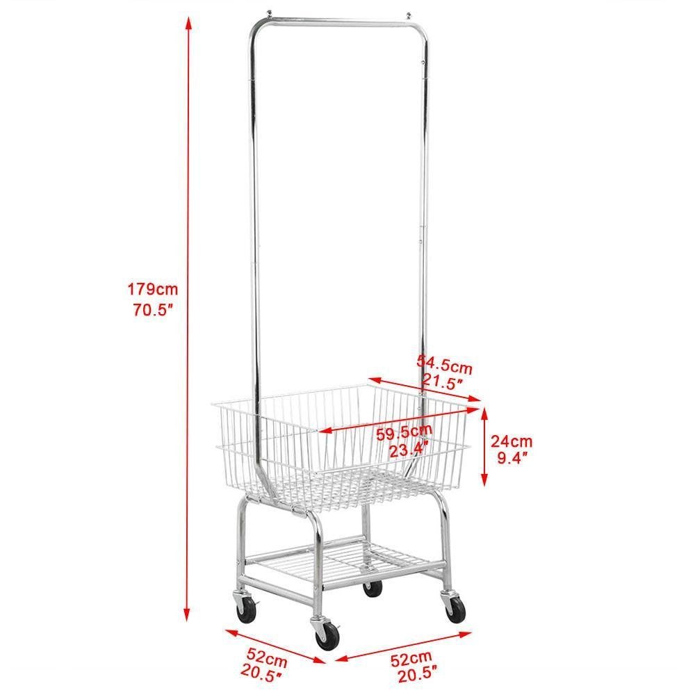 Go2Buy Standard Commerical Laundry Bulter Rolling Laundry Cart With Hanging Bar, Silver