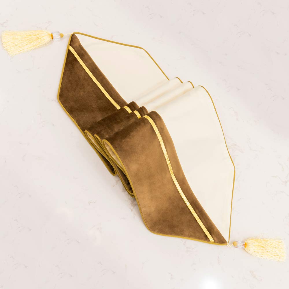 Avigers 12 X 78 Inch Decorative Luxury Brown White Gold Leather Striped Patchwork Velvet Table Runners With Tassels For Home Liv
