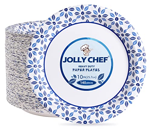 Jolly Chef 10 Inch Disposable Paper Plates 140 Count, Soak Proof, Cut Proof, Microwave Safe Heavy Duty Paper Plates For Everyday