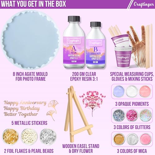 Craftinger Resin Art Photoframe Kit With 300Gm Resin & Wooden Stand Acrelic Sticker Of Happy Birthday And Happy Anniversary