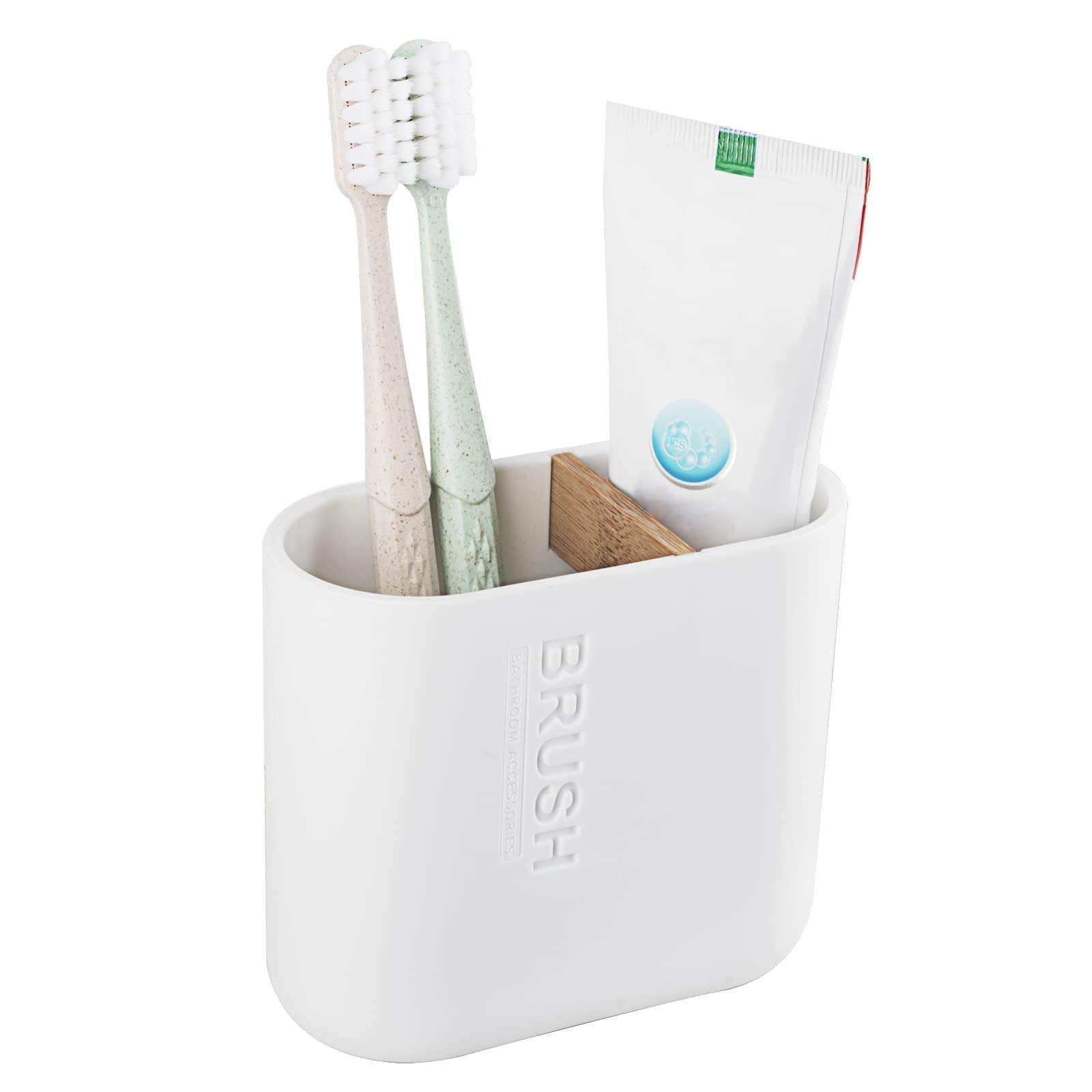 Toothbrush Holders Bamboo Electric Toothbrush Holder Bathroom Storage Organizer Countertop For Toothpaste, Floss, Razor, White