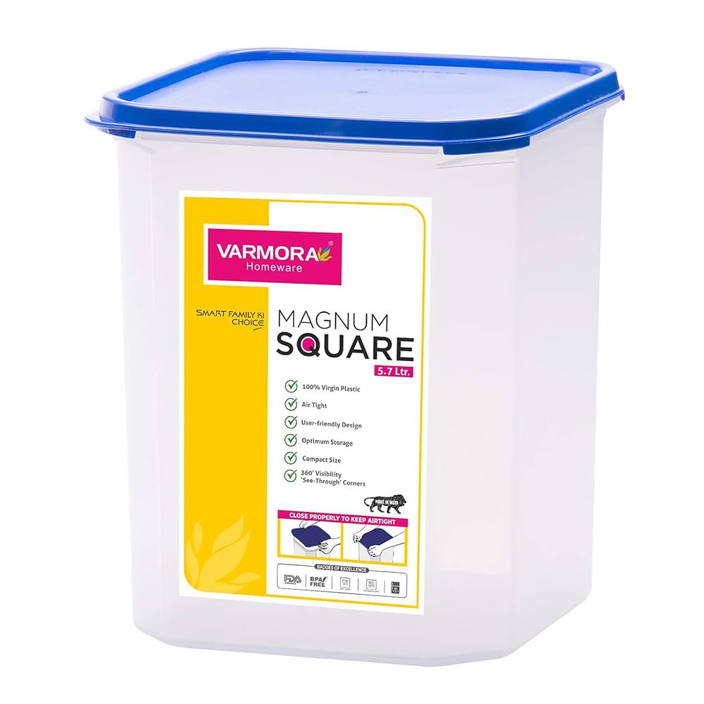 Varmora Magnum Square Smart Kitchen Storage Plastic Container Blue Lid (5.7 Litres)(Pack Of 2)