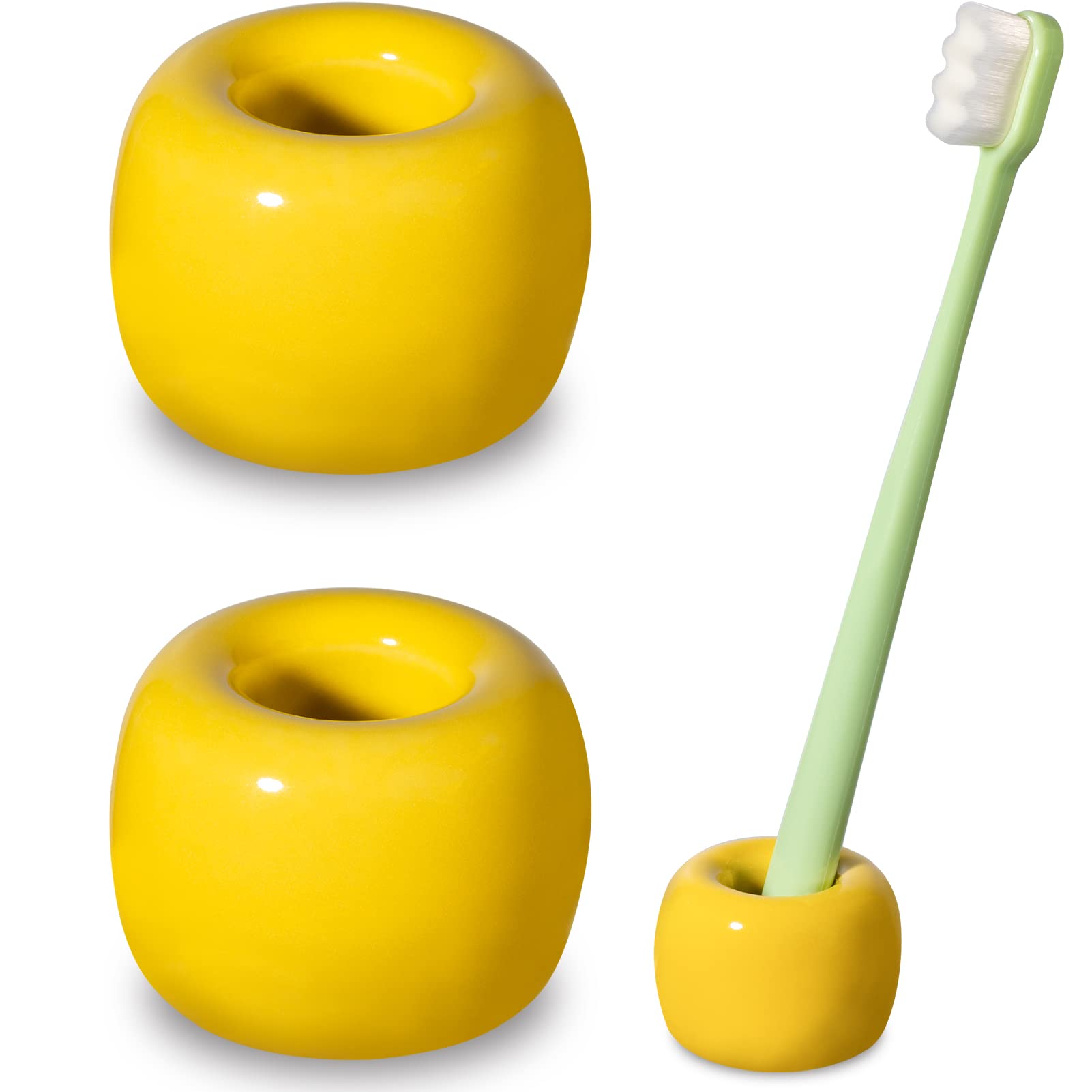 Urbanstrive Sleek Mini Ceramics Toothbrush Holder Stand For Bathroom Vanity Countertops (Yellow 2-Pack)