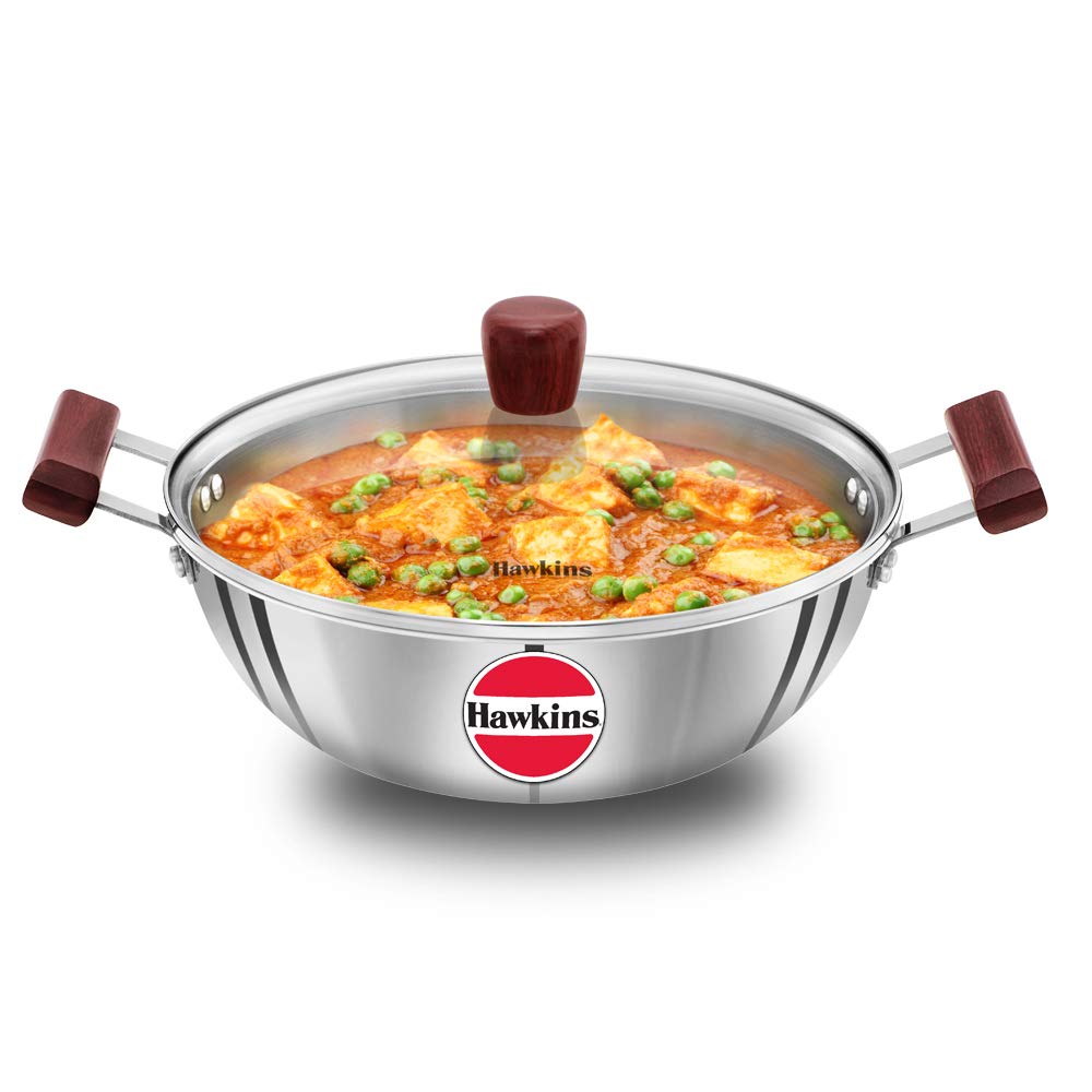 Hawkins 4 Litre Deep Kadhai, Triply Stainless Steel Kadai With Glass Lid, Flat Bottom Induction Kadhai, Big Kadai, Silver (Ssk40