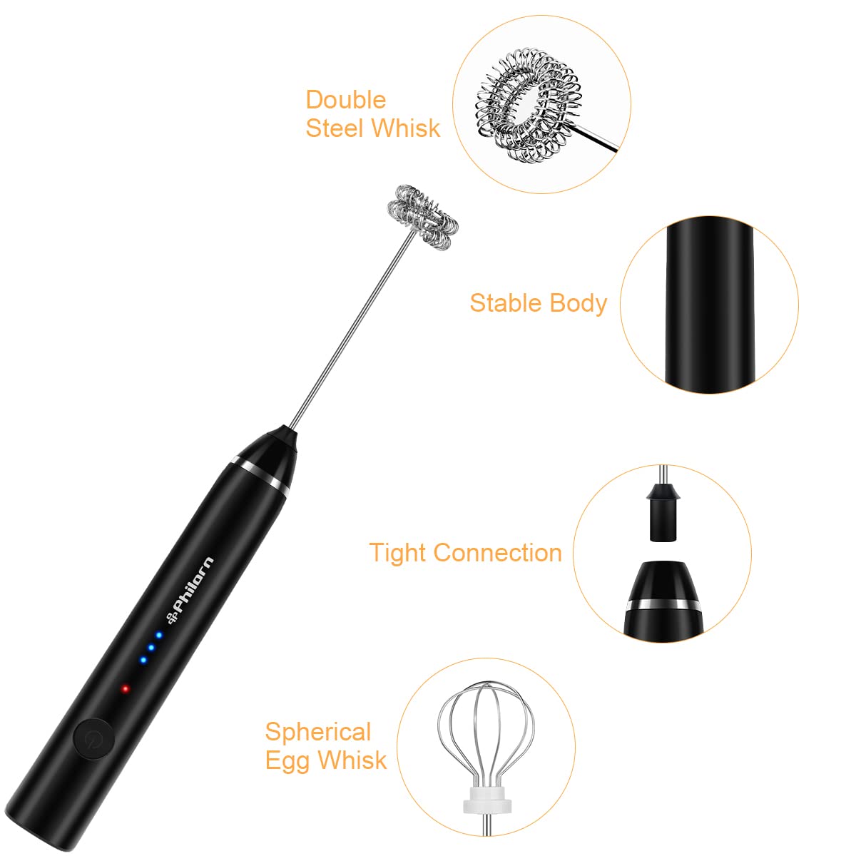 Philorn Milk Frother Handheld Rechargeable Coffee Frother - Frother Wand With 2 Heads, Electric Whisk Drink Mixer For Coffee, Mi