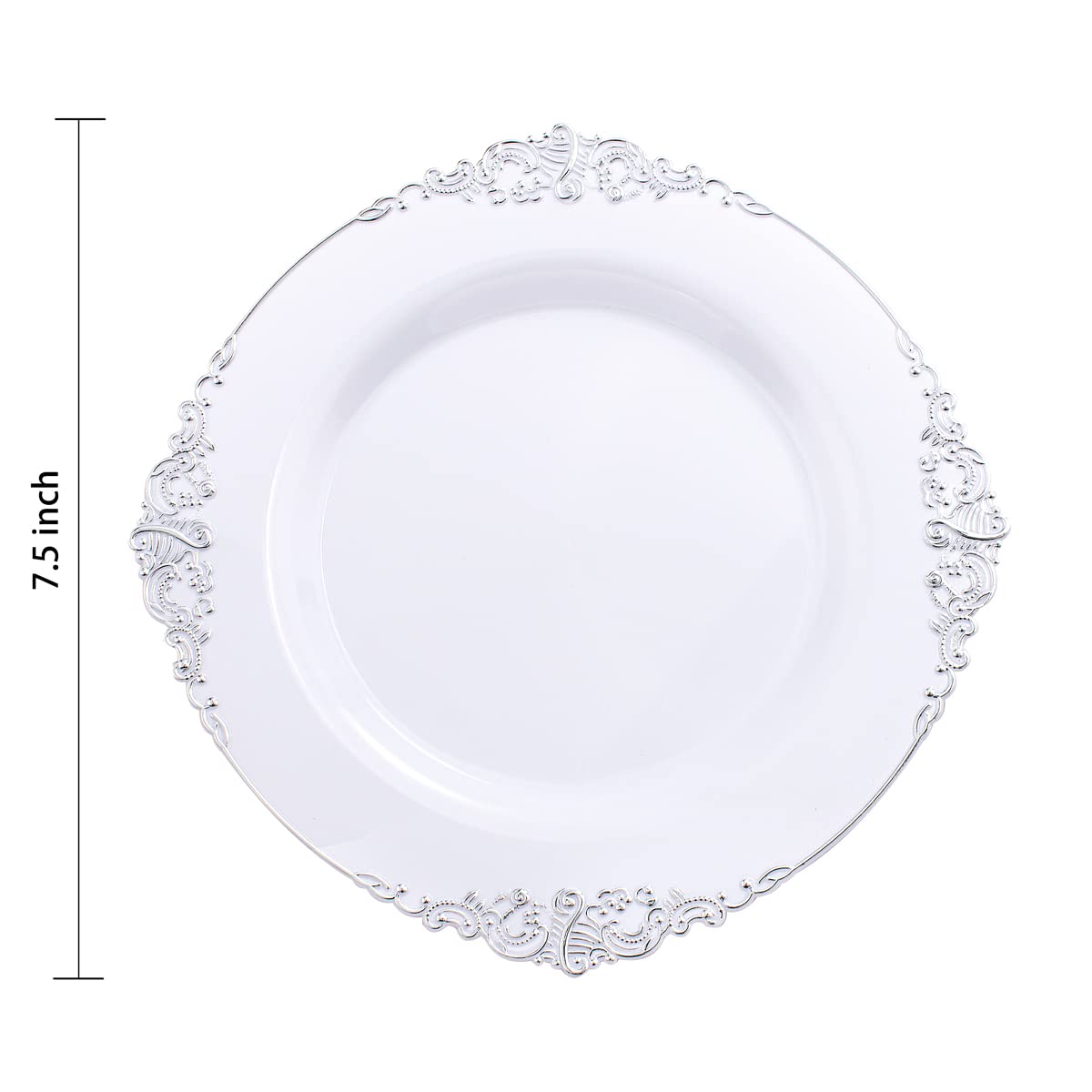 Hioasis 100pcs White Silver Plastic Plates for Party - 7.5 Dinner Plates Disposable, Heavy -duty, Classy and Elegant for Thanksg