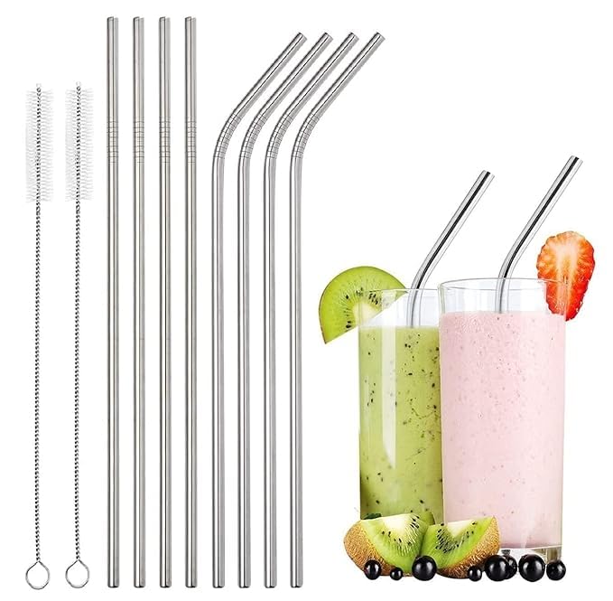 Arzoo Stainless Steel Straws For Drinking With Brushes Pack Of 10Pieces (4 Bent + 4 Straight + 2 Brushes) Long Steel Straws For 