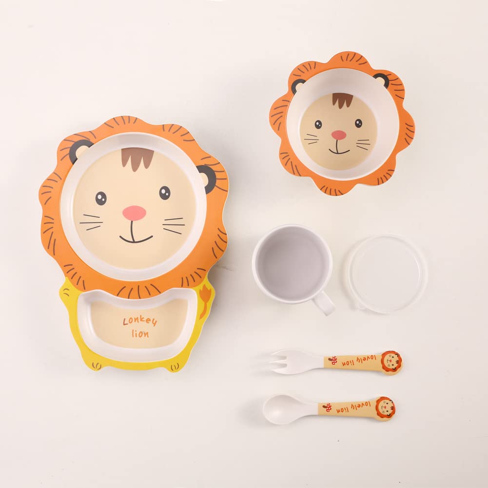 Fekdod Kids Dinnerware Set Bamboo 5 Pcs with Plate Bowl Cup Fork Spoon (Lion)